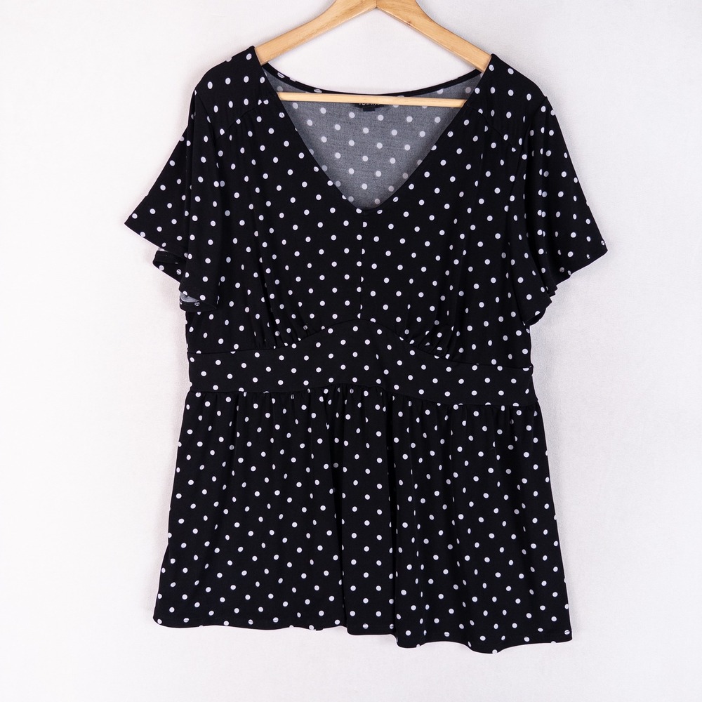 Torrid Studio Knit V Neck Babydoll Top Womens 1X Black White Polka Dot Stretch